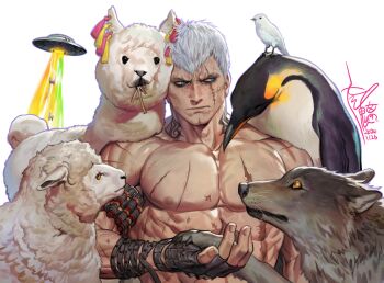 1boy abs absurdres alpaca animal arm_up bird black_gloves blue_eyes bryan_fury closed_mouth collarbone commentary_request dated earrings fingerless_gloves flying_saucer gloves highres jewelry korean_commentary looking_at_another looking_to_the_side male_focus multiple_scars muscular muscular_male neck_tattoo nipples on_head pectorals penguin scar scar_across_eye scar_on_chest scar_on_face sheep short_hair sideburns sideways_glance signature solo spacecraft tassel tassel_earrings tattoo tekken topless_male white_background white_bird white_hair wolf yellow_eyes yi_lee