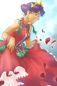 1990s_(style) 1girl aiguillette bindi blue_eyes dark-skinned_female dark_skin dress female_focus glasses gown himemiya_anthy petals purple_hair retro_artstyle round_eyewear short_hair shoujo_kakumei_utena skirt_hold solo tiara ykt8910