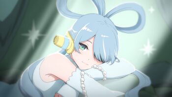 1girl absurdres aqua_eyes blue_hair bow-shaped_hair closed_mouth commentary cosplay cross-shaped_pupils daydarion detached_sleeves elira_pendora english_commentary hair_over_one_eye highres light_blush light_rays light_smile long_hair looking_at_viewer lying nijisanji nijisanji_en on_stomach one_piece one_piece_film:_red solo sunbeam sunlight symbol-shaped_pupils uta_(one_piece) uta_(one_piece)_(cosplay) virtual_youtuber
