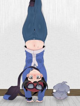 Rule 34 | 1boy, bag, black hair, blue jacket, boots, bracelet, calem (pokemon), closed mouth, clothes lift, commentary request, espurr, eyewear on headwear, foot against wall, gen 6 pokemon, grey eyes, handstand, hat, highres, indoors, jacket, jacket lift, jewelry, long sleeves, looking at viewer, male focus, navel, nintendo, pants, pokemon, pokemon (creature), pokemon xy, red hat, sana (37pisana), short hair, stomach, sunglasses, sweatdrop, upside-down