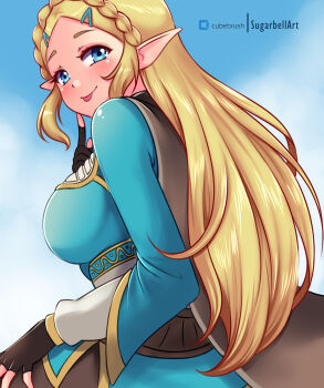 1girl absurdres black_gloves black_pants blonde_hair blue_eyes blue_shirt blush braid breasts brown_cape cape cloud crown_braid finger_to_mouth fingerless_gloves from_behind gloves hair_ornament hairclip hand_on_own_thigh highres large_breasts long_hair long_sleeves looking_at_viewer looking_back nintendo pants pointy_ears princess_zelda shirt sidelocks sitting sky smile sugarbell the_legend_of_zelda the_legend_of_zelda:_breath_of_the_wild the_legend_of_zelda:_tears_of_the_kingdom tongue tongue_out