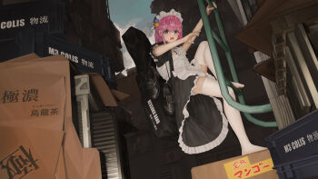 1girl 3d absurdres apron black_dress black_shoes blue_eyes bocchi_the_rock! box cardboard_box chinese_commentary climbing_ladder commentary_request cube_hair_ornament dress from_side full_body gotoh_hitori guitar_case hair_ornament highres instrument_case ladder long_hair looking_at_viewer looking_to_the_side maid maid_apron maid_headdress no_shoes open_mouth outdoors panties panty_peek pantyshot pink_hair shoes short_sleeves solo striped_clothes striped_panties sweat translation_request turning_head underwear unworn_shoes user_mmfp3272 white_apron white_background