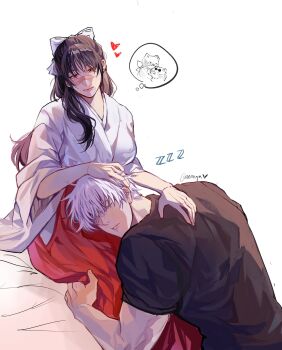 1boy 1girl black_hair burn_scar colored_eyelashes commentary couple english_commentary gojou_satoru headpat heart highres iori_utahime japanese_clothes jujutsu_kaisen kimono lap_pillow miko qeanoya scar scar_on_face signature sleeping sleeping_on_person white_eyelashes white_hair white_kimono