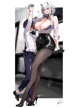 1boy 1girl blush breasts brown_hair bulge ear_piercing erection erection_under_clothes eyeless_male femdom full_body gloves high_heels highres holding_hands horns large_breasts office_lady open_mouth original pantyhose pencil_skirt piercing pointy_ears red_eyes rib:y(uhki) salaryman shirt shoes short_hair shota skirt smile sweat t-shirt taller_female teasing trembling white_hair