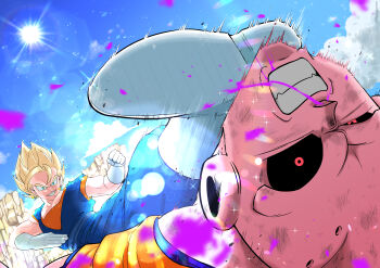 2boys absurdres black_sclera blood blood_splatter blue_sky blurry boots clenched_hand clenched_teeth cloud colored_sclera colored_skin commentary_request depth_of_field dirty dougi dragon_ball dragonball_z earrings fangs fighting gloves grin highres injury jewelry kicking lens_flare looking_at_another looking_at_viewer majin_buu male_focus meshyu motion_lines multiple_boys nosebleed pink_skin potara_earrings purple_blood red_eyes scratches sky smile speed_lines spiked_hair sun super_buu super_saiyan teeth vegetto white_footwear white_gloves
