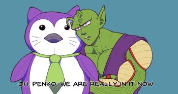 1boy 1other actualbikedad alien antennae colored_skin crossed_arms dougi dragon_ball dragon_ball_super dragon_ball_super_super_hero english_text expressionless green_skin highres large_pectorals male_focus muscular no_humans open_mouth pectorals penko_(dragon_ball) piccolo pointy_ears red_eyes serious sharp_teeth simple_background stuffed_animal stuffed_toy teeth what