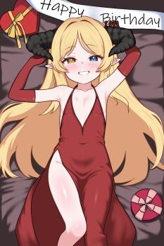 1girl absurdres artist_request bare_shoulders bed_sheet black_horns blonde_hair blue_eyes blush box commission covered_navel dress elbow_gloves flat_chest from_above gift gift_box gloves grin happy_birthday heart-shaped_box heterochromia highres horns long_hair looking_at_viewer looking_up lying on_back original pointy_ears red_dress red_gloves second-party_source sleeveless sleeveless_dress smile solo yellow_eyes