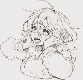 1girl artist_name artist_self-insert breasts commentary cropped_torso crying crying_with_eyes_open distress double-parted_bangs drawstring english_commentary fangs fingernails grey_background greyscale hair_between_eyes hands_on_own_cheeks hands_on_own_face hatching_(texture) highres hood hood_down hoodie long_sleeves looking_ahead looking_up messy_hair monochrome open_mouth original puffy_long_sleeves puffy_sleeves raised_inner_eyebrows sasu_(sasucchi95) sasucchi95 scared short_hair simple_background small_breasts solo tears teeth tongue