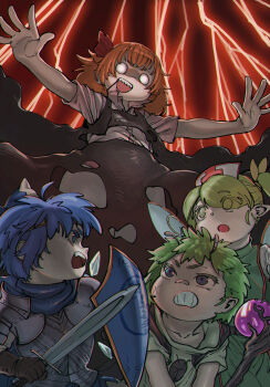 Rule 34 | 4girls, alternate costume, antennae, armor, bandaid, bandaid on face, bandaid on nose, bare arms, black skirt, black vest, blue eyes, blue hair, breastplate, cirno, clenched teeth, collared shirt, daiyousei, darkness, dress, eyes visible through hair, fairy, fairy wings, fang, gauntlets, green eyes, green hair, hair over one eye, hair ribbon, hat, headband, highres, holding, holding shield, holding staff, holding sword, holding weapon, ice, ice wings, knight, medium hair, multiple girls, nurse, nurse cap, o o, open clothes, open mouth, open vest, orange hair, outstretched arms, panties, panty peek, pink panties, plate armor, pointy ears, purple eyes, ribbon, rumia, scarf, sendai (nazonomono), sharp teeth, shield, shirt, short hair, short sleeves, side ponytail, sidelocks, skirt, skirt set, smile, spread arms, spread fingers, staff, sword, teeth, tomboy, touhou, underwear, upper body, v-shaped eyebrows, vest, weapon, white shirt, wings, wriggle nightbug