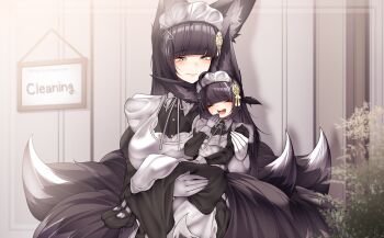 2girls :d absurdres alternate_costume animal_ears apron azur_lane black_hair breasts carrying closed_mouth commentary dated_commentary fox_ears fox_girl fox_tail gloves highres kitsune large_breasts long_hair maid maid_apron maid_headdress multiple_girls multiple_tails musashi-chan_(azur_lane) musashi_(azur_lane) open_mouth samip smile tail white_gloves yellow_eyes