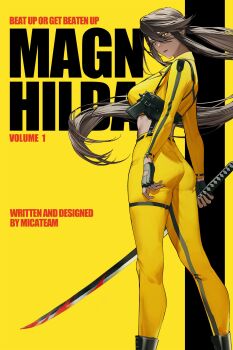 Rule 34 | absurdres, beatrix kiddo, beatrix kiddo (cosplay), blood, bloody weapon, bodysuit, cosplay, dark-skinned female, dark skin, english text, fingerless gloves, girls' frontline, girls' frontline neural cloud, gloves, gun, handgun, highres, holding, holster, holstered, katana, kill bill, looking at viewer, magnhilda (neural cloud), movie poster (medium), official art, pants, parody, sword, third-party edit, weapon, yellow bodysuit, yellow pants