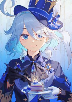 Rule 34 | 1girl, ahoge, ascot, asymmetrical gloves, black ascot, black gloves, blue eyes, blue gem, blue hair, blue hat, blue jacket, blue pupils, blush, cake, cake slice, closed mouth, commentary request, drop-shaped pupils, eyes visible through hair, food, fork, furina (genshin impact), gem, genshin impact, gloves, hair between eyes, hat, heterochromia, highres, holding, holding fork, holding plate, jacket, korean commentary, long sleeves, looking at viewer, mismatched gloves, mismatched pupils, multicolored hair, plate, senpai0820, short hair, smile, solo, symbol-shaped pupils, top hat, upper body, wavy hair, white gloves, white hair
