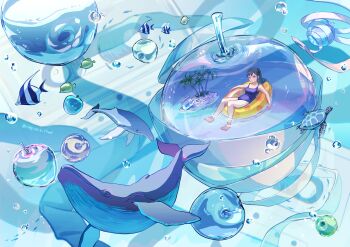 1girl absurdres air_bubble apple bare_arms bare_legs barefoot black_hair blue_eyes boombox bubble cassette_tape closed_mouth collarbone commentary english_commentary food fruit highres humpback_whale innertube island lying nap_on_a_cloud ocean on_back on_innertube original palm_tree ponytail school_of_fish school_swimsuit smile soaking_feet summer swim_ring swimsuit tree turtle water whale wide_shot