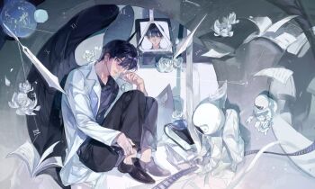 1boy 2others astronaut black_eyes black_pants black_shirt black_shoes black_wings book book_stack coat collared_shirt earth_(planet) feathered_wings film_reel floating flower flying_paper folder full_body hand_on_own_foot head_tilt kim_dokja knees_up multiple_others multiple_persona nib_pen_(object) omniscient_reader's_viewpoint open_book pants paper pen planet popped_collar portrait_(object) rc_dec rose serious shirt shoes sitting spacesuit tether white_coat white_flower white_rose white_theme wings yoo_joonghyuk