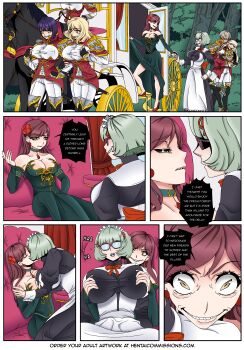 absurdres armor breasts chocker cleavage comic creepy_smile dagger dress drill_hair english_text evil_grin evil_smile gas glasses goblin grabbing_another's_breast grabbing_another's_hair grabbing_own_breast green_penis grin groping high_heels highres holding_another's_hair horses huge_breasts huge_filesize kiss knife landerbfly multiple_girls noblewoman original penis_emerging_out_of_pussy possessed possession rape scar sex skinsuit smile tears transformation weapon