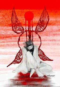 1boy artist_name barefoot black_hair blood_wings choso_(jujutsu_kaisen) colored_skin commentary_request facial_mark full_body highres jujutsu_kaisen male_focus nikegoge robe short_hair short_twintails sitting solo twintails white_robe white_skin