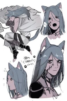 1boy animal_ears azrael_(grand_assassin)_(fate) bags_under_eyes black_eyes blue_hair cat_boy cat_ears cat_tail closed_eyes colored_skin dark-skinned_male dark_skin facial_scar fangs fate/grand_order fate_(series) grey_skin hair_between_eyes hair_ornament highres kemonomimi_mode long_hair looking_at_viewer male_focus multiple_views nai131808 open_mouth robe scar scar_on_cheek scar_on_face simple_background solo_focus tail torn_clothes torn_robe white_background white_robe