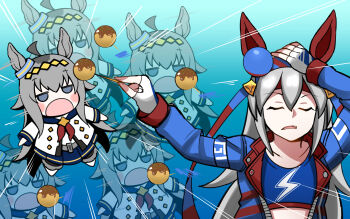 Rule 34 | 2girls, ahoge, animal ears, aramori susumu, blue eyes, blue hairband, blue sports bra, blush, chibi, commentary, ear covers, ear ornament, fang, food, glutton, grey hair, grey tail, hair between eyes, hairband, headband, highres, horse ears, horse girl, horse tail, jacket, lightning bolt print, long hair, long sleeves, meme, multicolored hairband, multiple girls, naoya hitting choso without looking (meme), oguri cap (starlight beat) (umamusume), oguri cap (umamusume), open mouth, red headband, shirt, sports bra, striped clothes, striped hairband, symbol-only commentary, tail, takoyaki, tamamo cross (fast as lightning) (umamusume), tamamo cross (umamusume), two-tone hairband, umamusume, very long hair