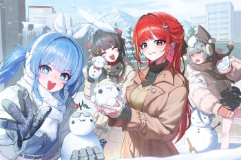 4girls absurdres akane_lize alternate_costume animal_ear_headwear arahashi_tabi beanie belt black_gloves black_hair black_ribbon black_skirt black_sweater blue_belt blue_eyes blue_gloves blue_hair blue_jacket blue_shirt blunt_bangs bow bowtie braid brown_coat brown_hat brown_jacket brown_mittens brown_scarf brown_shirt closed_eyes coat commentary_request cross cross_earrings day down_jacket duffel_coat ear_piercing earmuffs earrings fake_animal_ears fang gloves grey_eyes grey_hair grin hair_bow hair_ornament hair_ribbon hairclip hat heart heart_hair_ornament highres holding_snowman jacket jewelry korean_commentary long_hair long_sleeves looking_at_viewer mini_snowman mittens mole mole_under_eye mountain multicolored_hair multiple_girls neneko_mashiro open_clothes open_jacket open_mouth outdoors piercing pleated_skirt pom_pom_(clothes) red_bow red_bowtie red_hair red_nails red_sweater ribbed_sweater ribbon scarf shin_dohan shirayuki_hina shirt short_hair side_braid single_braid skin_fang skirt sleeves_past_wrists smile snow snowball snowball_fight snowing snowman sparkling_eyes stellive streaked_hair sweater tearing_up teeth throwing tree turtleneck turtleneck_sweater twintails upper_teeth_only v-shaped_eyebrows virtual_youtuber white_ribbon white_scarf winter winter_clothes