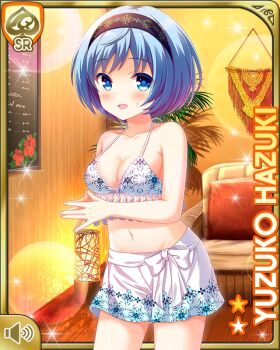 1girl bare_arms bare_legs barefoot blue_eyes blue_hair bra card character_name day girlfriend_(kari) hazuki_yuzuko indoors midriff navel official_art open_mouth qp:flapper short_hair shorts smile solo spa standing tagme underwear white_bra white_shorts