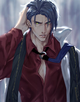 1boy arm_out_of_sleeve artist_name blue_necktie collared_shirt damian_blackwood green_eyes grey_hair highres jacket male_focus mokt_(alchemokt) necktie o-ring_necktie portrait rain red_shirt shirt solo wet white_jacket zenless_zone_zero