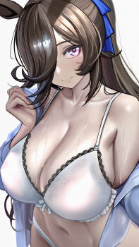 1girl absurdres alternate_breast_size_(larger) alternate_costume animal_ears asdkd123 blue_shirt bow bow_bra bra breasts brown_hair cleavage closed_mouth commentary dated_commentary hair_over_one_eye highres horse_ears horse_girl huge_breasts long_hair looking_at_viewer navel open_clothes open_shirt panties ponytail purple_eyes revision rice_shower_(umamusume) shirt sidelocks single_bare_shoulder smile solo stomach umamusume underwear white_bra white_panties