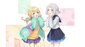 2girls blonde_hair blue_eyes blue_hair collared_shirt fang fujita_kotone gakuen_idolmaster game_cg grey_hair hands_on_own_face heart idolmaster jacket katsuragi_lilja layered_skirt low_twin_braids multicolored_hair multiple_girls official_art open_mouth shirt skin_fang skirt sparkle twin_braids yellow_eyes yellow_shirt zipper_pull_tab