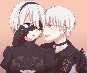 1boy 1girl 2b_(nier:automata) 9s_(nier:automata) black_choker black_dress black_jacket blindfold blindfold_pull blue_hair breasts brown_background choker cleavage cleavage_cutout clothing_cutout collarbone commentary_request dress holding_hands interlocked_fingers jacket looking_at_another medium_breasts mole mole_under_mouth nier:automata nier_(series) one_eye_covered parted_lips profile puffy_sleeves short_hair sideways_mouth tamakingx422x turtleneck turtleneck_dress upper_body white_hair