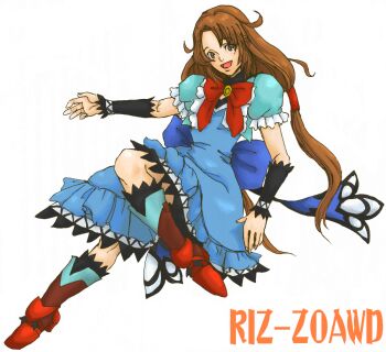 Rule 34 | 1girl, 2009, artist name, artist request, blue dress, bow, bowtie, brown eyes, brown hair, dorothy gale, dorothy gale (riz-zoawd), dress, female focus, high heels, long hair, long skirt, media.vision, red shoes, riz-zoawd, shoes, skirt, the wizard of oz