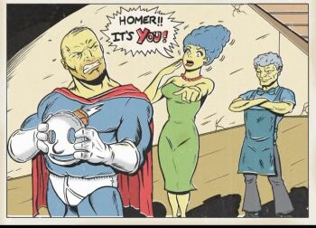 1girl 2boys bald blue_hair homer_simpson jewelry long_hair marge_simpson moe_szyslak multiple_boys necklace pieman superhero_costume the_simpsons