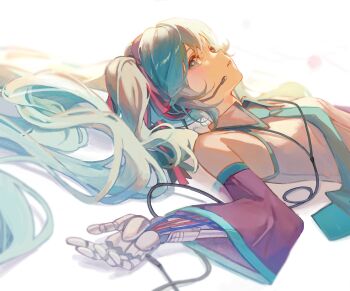 1girl aqua_eyes aqua_hair aqua_necktie aqua_trim black_sleeves breasts collared_shirt commentary detached_sleeves hair_ribbon hatsune_miku headset highres long_hair long_sleeves lying machine mechanical_arms necktie on_back parted_lips ribbon shirt single_mechanical_arm sleeveless sleeveless_shirt small_breasts solo soybee_102 twintails upper_body very_long_hair vocaloid white_shirt wide_sleeves