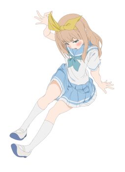 1girl 4uys arm_up blue_neckerchief blue_sailor_collar blue_skirt blush bow bow_hairband brown_hair commentary from_above full_body hair_bow hairband hibike!_euphonium highres jacket looking_at_viewer neckerchief pleated_skirt sailor_collar shirt shoes short-sleeved_jacket short_sleeves simple_background sitting skirt socks solo summer_uniform uwabaki white_background white_shirt white_socks yellow_bow yoshikawa_yuuko
