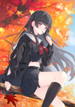 1girl absurdres arm_cutout black_choker black_hair black_jacket black_serafuku black_shirt black_skirt blue_sky blurry blurry_background chisa_(wuthering_waves) choker clothing_cutout commentary day food food_in_mouth hair_ribbon highres jacket leaf long_hair long_sleeves looking_at_viewer melvis midriff mole mole_under_eye navel neckerchief on_branch outdoors pocky pocky_in_mouth red_eyes red_neckerchief red_ribbon ribbon sailor_collar school_uniform serafuku shirt sitting skirt sky solo thigh_strap thighs white_sailor_collar wuthering_waves