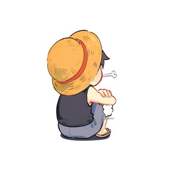 1boy black_hair blue_shorts bone bone_in_mouth chibi chibi_only facing_away full_body fur-trimmed_shorts fur_trim hat highres male_focus monkey_d._luffy mxhxkxcx one_piece sandals short_sleeves shorts simple_background sitting solo straw_hat white_background
