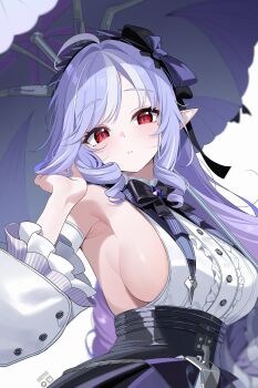 1girl ahoge armpits black_bow black_bowtie black_skirt bow bowtie breasts center_frills commentary detached_sleeves deyui drill_hair drill_sidelocks frilled_sleeves frills hair_bow hand_up high-waist_skirt highres holding holding_umbrella large_breasts long_hair long_sleeves looking_at_viewer mole mole_under_eye parted_lips pointy_ears purple_bow purple_bowtie purple_hair purple_umbrella red_eyes shirt shirt_tucked_in sideboob sideless_shirt sidelocks simple_background skirt sleeveless sleeveless_shirt solo swept_bangs symbol-only_commentary umbrella upper_body vivian_banshee white_background white_hair white_shirt zenless_zone_zero