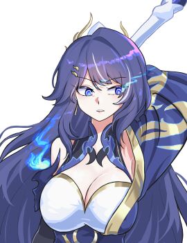 1girl absurdres blue_fire breasts cleavage commentary dress english_commentary fake_horns fire highres holding holding_polearm holding_weapon honkai_(series) honkai_impact_3rd horns japanese_clothes large_breasts long_hair maengkkong-i polearm purple_dress purple_eyes purple_hair raiden_mei raiden_mei_(herald_of_dawn) simple_background solo very_long_hair weapon white_background yellow_horns