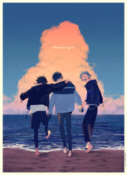 Rule 34 | 3boys, aqua hair, barefoot, black hair, black jacket, black leggings, black pants, cloud, commentary request, fuwa minato, happy, highres, jacket, leggings, looking at another, mayuzumi kai, multiple boys, natsu (rodysanp), nijisanji, ocean, pants, saegusa akina, sky, virtual youtuber