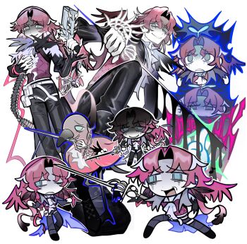 1boy anastasio_(arknights) arknights ascot bird black_jacket black_pants blue_eyes chibi colored_skin commentary_request empty_eyes evil_smile frown full_body gloves grey_skin gun hair_wings highres holding holding_gun holding_sword holding_weapon jacket long_hair looking_at_viewer male_focus multicolored_hair multiple_expressions multiple_views one_eye_closed open_mouth pants parted_bangs pink_hair purple_shirt rapier ro0o003 shaded_face shirt smile standing sword weapon white_ascot white_gloves