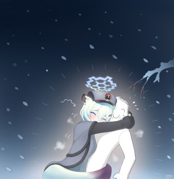 1boy 1girl ^_^ absurdres animal_ears bare_tree blue_archive blue_halo breasts closed_eyes coat cold doodle_sensei_(blue_archive) halo happy hat highres hug jinrou_mangfu long_sleeves medium_breasts night red_winter_federal_academy_logo sensei_(blue_archive) shigure_(blue_archive) smile snow snow_on_tree snowing steaming_body tail tail_wrap tree weasel_ears weasel_girl weasel_tail winter