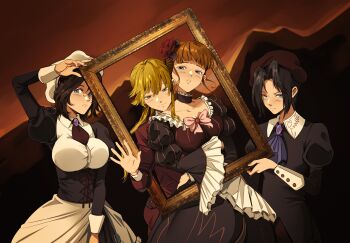1boy 1other 2girls absurdres androgynous beatrice_(umineko) beret black_hair blonde_hair blue_eyes bow breasts brown_hair choker dress flower formal_clothes frills hair_flower hair_ornament hat highres holding kanon_(umineko) large_breasts long_hair long_sleeves maid multiple_girls necktie pink_bow ponytail portrait_(object) puffy_sleeves rose shannon_(umineko) short_hair smile suit umineko_no_naku_koro_ni uneasywolf ushiromiya_lion yellow_eyes