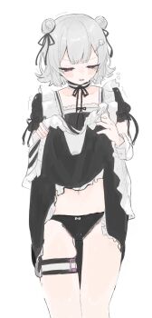 1girl black_panties blunt_bangs blush cevio clothes_lift collarbone detached_collar egg_vibrator embarrassed frills hair_ornament hair_ribbon highres koharu_rikka leg_wrap maid navel panties red_eyes ribbon sakura_motin sex_toy short_hair short_sleeves simple_background skirt skirt_lift solo tears underwear vibrator vibrator_under_clothes white_background white_hair