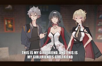 Rule 34 | 1boy, 2girls, absurdres, astra yao, bisexual female, black hair, blonde hair, closed eyes, coat, dress, english text, evelyn chevalier, green eyes, grey hair, highres, long hair, meme, multiple girls, necktie, newcie, polyamory, purple eyes, this is my girlfriend and this is my girlfriend's girlfriend (meme), white dress, wise (zenless zone zero), yellow necktie, zenless zone zero