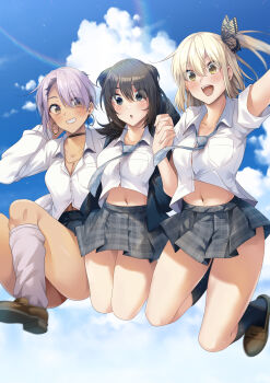 3girls :o asakura_ageha black_eyes black_hair black_jacket black_skirt black_socks blonde_hair blue_necktie blue_sky breasts butterfly_hair_ornament cleavage cloud collarbone collared_shirt commentary_request day grin hair_between_eyes hair_ornament highres jacket jumping long_hair midriff_peek multiple_girls navel necktie omura_saki outdoors plaid_clothes plaid_skirt pleated_skirt purple_hair ryouma_(galley) school_uniform shirt short_hair short_sleeves skirt sky smile socks tateha_ruri teeth upper_teeth_only white_shirt white_socks yellow_eyes yumeochi_-_yume_de_bokura_wa_koi_ni_ochiru