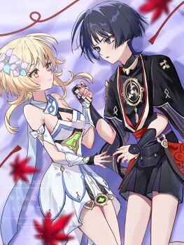 1boy 1girl arm_at_side arm_cutout armpit_crease black_bodysuit black_corset black_gloves black_hair black_kimono black_nails black_shorts black_sleeves blonde_hair blue_flower blue_trim blunt_ends blurry blush bodysuit breasts bright_pupils cleavage clenched_hand closed_mouth clothing_cutout corset covered_collarbone depth_of_field detached_sleeves doll dress eyelashes eyeliner eyeshadow falling_leaves fatui_logo flower from_above furisode gem genshin_impact gloves gold gold_trim green_gemstone grey_flower hair_flower hair_ornament halterneck hand_grab hand_up heart hetero highres holding holding_doll japanese_clothes jewelry juban kimono large_breasts layered_shorts layered_sleeves leaf looking_at_another lumine_(genshin_impact) makeup mandarin_collar maple_leaf mitsudomoe_(shape) multicolored_flower neck_ring o-ring on_bed open_clothes open_hand open_kimono open_mouth partially_fingerless_gloves pink_nails purple_eyes purple_sash purple_shorts purple_sleeves red_eyeliner red_eyeshadow red_kimono red_lips red_sash sash scaramouche_(genshin_impact) scarf shadow short_hair short_hair_with_long_locks short_sleeves shorts sidelocks single_sode snow20200 tomoe_(symbol) tsurime twitter_username vambraces watermark white_dress white_kimono white_pupils white_scarf white_sleeves wispy_bangs yellow_eyes