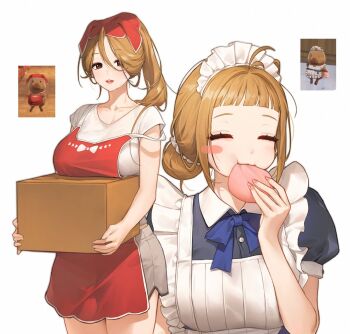 2girls apron blue_dress blush_stickers breast_rest breasts brown_eyes brown_hair closed_eyes collarbone commentary dress dual_persona eating fingernails game_screenshot_inset large_breasts long_hair looking_at_viewer multiple_girls namipon_(wuthering_waves) open_mouth personification screenshot_inset shirt shorts smile white_shirt white_shorts wuthering_waves zua_(2vziu)