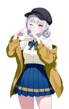 1girl absurdres baseball_cap bikini black_hat blue_skirt bow bowtie closed_mouth collared_shirt commission cowboy_shot double_bun hair_bun hat heart heart_hands highres jacket long_sleeves looking_at_viewer medium_hair oc_(jmgsjh) off_shoulder one_eye_closed open_clothes open_jacket original pleated_skirt purple_bikini shirt shirt_tucked_in sidelocks simple_background skirt smile solo star-shaped_pupils star_(symbol) swimsuit symbol-shaped_pupils white_background white_hair white_shirt yellow_jacket ysoa26