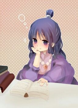 1girl 2000s_(style) ace_attorney anime_coloring bead_necklace beads black_hair blunt_bangs blush book book_stack brown_background cowboy_shot expressionless hair_bobbles hair_ornament hand_on_own_cheek hand_on_own_face hand_on_table haori japanese_clothes jewelry kameco kimono long_hair magatama magatama_necklace maya_fey motion_lines necklace outline pink_kimono polka_dot polka_dot_background prayer_beads purple_eyes purple_robe reading robe sidelocks solo tareme third-party_source topknot very_long_hair wavy_hair white_outline
