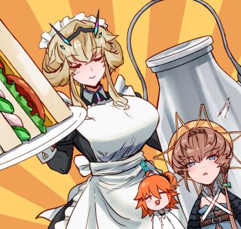3girls ahoge apron barghest_(fate) barghest_(swimsuit_archer)_(second_ascension)_(fate) belt black_scrunchie black_sleeves blonde_hair blue_eyes blue_overalls bottle braid breasts brown_hair closed_eyes closed_mouth commentary_request crown_braid drooling fate/grand_order fate_(series) food fujimaru_ritsuka_(female) fujimaru_ritsuka_(female)_(summer_street) hat highres holding holding_tray huge_breasts maid_apron maid_headdress medium_hair milk_bottle multiple_girls open_mouth orange_hair orange_hat overalls puffy_sleeves sandwich scrunchie shimogamo_(shimomo_12) shirt short_sleeves side_braid side_ponytail small_breasts striped_clothes striped_headwear tray upper_body van_gogh_(fate) van_gogh_(first_ascension)_(fate) white_shirt