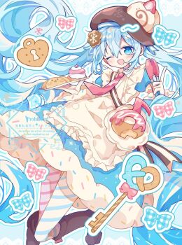 1girl ;d apron aqua_eyes aqua_hair asymmetrical_legwear blue_bow blue_dress blue_eyes blue_hair blue_pantyhose blue_sleeves blush boots bow bowtie bread brown_boots brown_hat commentary dessert detached_sleeves double-parted_bangs dress dress_bow food food-themed_clothes food-themed_hat_ornament foot_out_of_frame frilled_apron frills fur-trimmed_dress fur-trimmed_sleeves fur_trim futaba969649 hair_between_eyes hair_ornament hat hat_ornament hatsune_miku heart holding holding_tongs holding_tray key knee_boots long_hair long_sleeves looking_at_viewer mismatched_legwear necktie official_alternate_costume official_alternate_hairstyle one_eye_closed open_mouth outline pantyhose pink_necktie pink_pantyhose puffy_short_sleeves puffy_sleeves rabbit_yukine short_sleeves smile snowflake_print solo striped_clothes striped_pantyhose symbol-only_commentary tongs tray twintails two-tone_sleeves very_long_hair vocaloid watermark wavy_hair white_apron white_bow white_outline wide_sleeves yuki_miku yuki_miku_(2026)