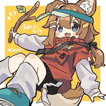 1girl ahoge animal_ears aqua_shoes black_shorts blue_eyes border brown_hair character_name collar commentary_request dog_ears dog_girl dog_tail fangs grey_socks hair_between_eyes hair_ornament hairclip highres holding holding_stick invisible_chair layered_sleeves long_hair long_sleeves low_ponytail mamehinata nerio_(neri_akira) one-hour_drawing_challenge open_mouth outside_border ponytail red_collar red_shirt shirt shoes short_over_long_sleeves short_sleeves shorts sitting skin_fangs smile socks solo stick tail tareme translated visor_cap vrchat white_border white_shirt yellow_background
